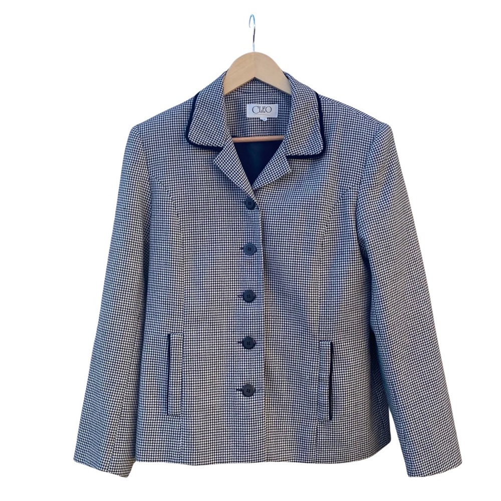 CLEO | 100% Wool Vintage Houndstooth Dark Academia Blazer 📚 Black Trim & Pockets